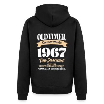 Oldtimer Spezial Model Gepflegt Top Jahrgang 1967 - Unisex Premium Bio Zip Hoodie - Schwarz - Hinten - Nico (187cm)