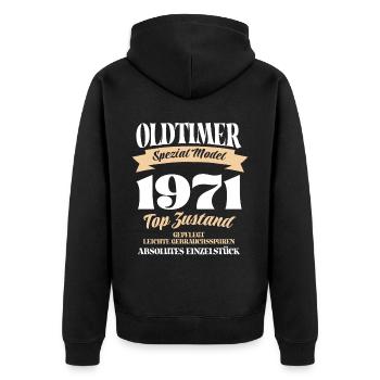 Oldtimer Spezial Model Gepflegt Top Jahrgang 1971 - Unisex Premium Bio Zip Hoodie - Schwarz - Hinten - Nico (187cm)