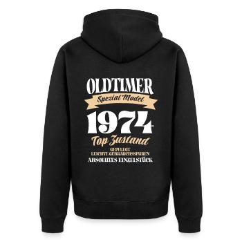 Oldtimer Spezial Model Gepflegt Top Jahrgang 1974 - Unisex Premium Bio Zip Hoodie - Schwarz - Hinten - Nico (187cm)