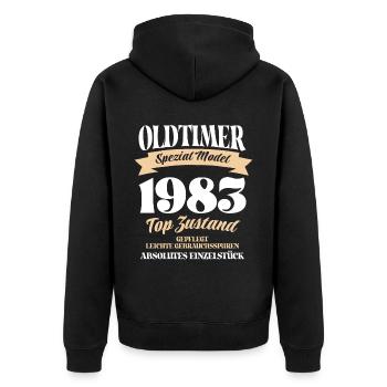 Oldtimer Spezial Model Gepflegt Top Jahrgang 1983 - Unisex Premium Bio Zip Hoodie - Schwarz - Hinten - Nico (187cm)
