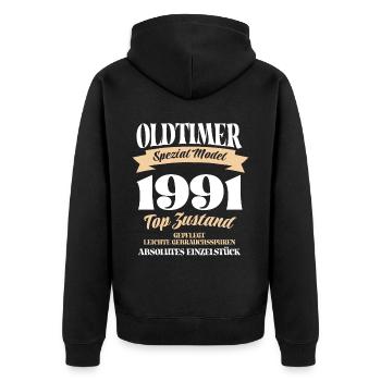 Oldtimer Spezial Model Gepflegt Top Jahrgang 1991 - Unisex Premium Bio Zip Hoodie - Schwarz - Hinten - Nico (187cm)