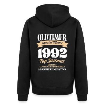 Oldtimer Spezial Model Gepflegt Top Jahrgang 1992 - Unisex Premium Bio Zip Hoodie - Schwarz - Hinten - Nico (187cm)