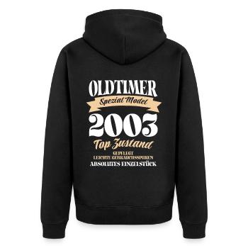 Oldtimer Spezial Model Gepflegt Top Jahrgang 2003 - Unisex Premium Bio Zip Hoodie - Schwarz - Hinten - Nico (187cm)