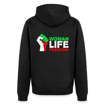 Woman, Life, Freedom | Free Iran! | Mit Flagge - Unisex Premium Bio Zip Hoodie - Schwarz - Hinten - Nico (187cm)
