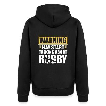 Warnung kann anfangen, über Rugby-T-Shirt zu sprechen - Unisex Premium Bio Zip Hoodie - Schwarz - Hinten - Nico (187cm)