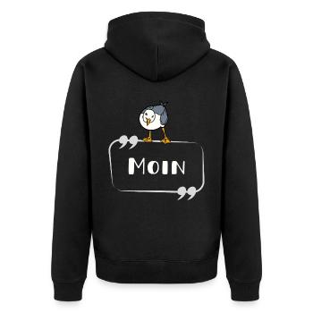 Moin Möwe neugierig Schriftzug Norddeutsch Maritim - Unisex Premium Bio Zip Hoodie - Schwarz - Hinten - Nico (187cm)
