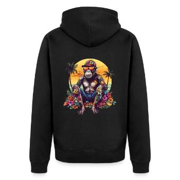 Schimpanse mit Sonnenbrille am Strand mit Palmen - Unisex Premium Bio Zip Hoodie - Schwarz - Hinten - Nico (187cm)