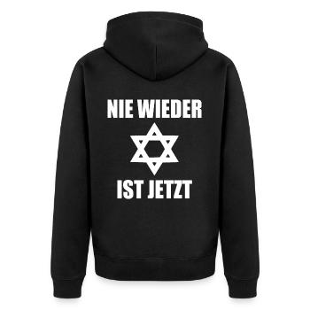 Nie wieder ist jetzt - Unisex Premium Bio Zip Hoodie - Schwarz - Hinten - Nico (187cm)