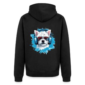 Westie mit Kopfhörern - Unisex Premium Bio Zip Hoodie - Schwarz - Hinten - Nico (187cm)