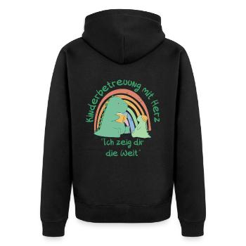 Kinderbetreuung mit Herz - Ich zeig dir die Welt - Unisex Premium Bio Zip Hoodie - Schwarz - Hinten - Nico (187cm)