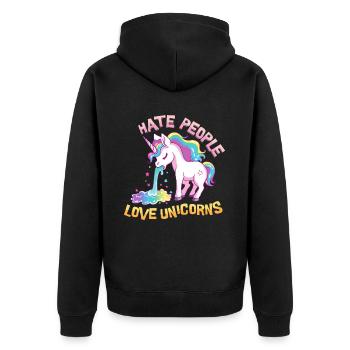 Ich Hasse Menschen Einhorn Kotzt Regenbogen Lustig - Unisex Premium Bio Zip Hoodie - Schwarz - Hinten - Nico (187cm)