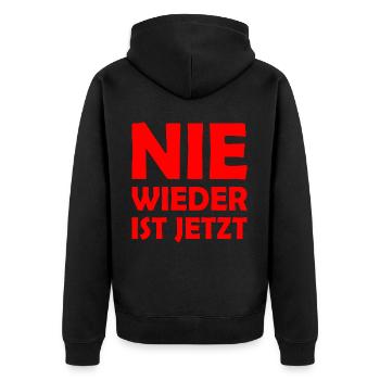 Nie wieder ist jetzt - Unisex Premium Bio Zip Hoodie - Schwarz - Hinten - Nico (187cm)