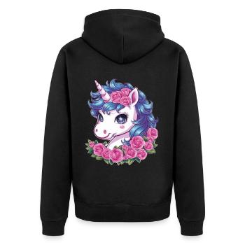 Kawaii Einhorn mit Rosen - Unisex Premium Bio Zip Hoodie - Schwarz - Hinten - Nico (187cm)