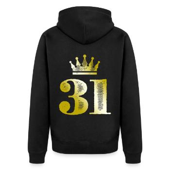 31 Zahl Krone Gold - Unisex Premium Bio Zip Hoodie - Schwarz - Hinten - Nico (187cm)