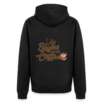 Life Begins after Coffee Spruch Design - Unisex Premium Bio Zip Hoodie - Schwarz - Hinten - Nico (187cm)