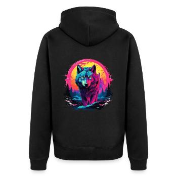 Wolf Nacht Mond Neon Wolfskopf Wald Natur Berge - Unisex Premium Bio Zip Hoodie - Schwarz - Hinten - Nico (187cm)