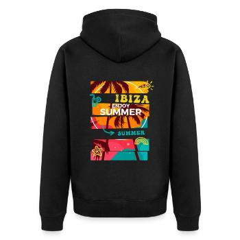 Ibiza Sommer Sonne Strand Meer Palmen Urlaub - Unisex Premium Bio Zip Hoodie - Schwarz - Hinten - Nico (187cm)