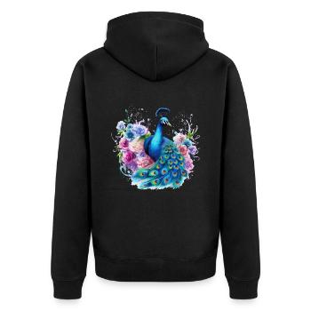 Pfau Blumen Pfauenfeder Exotisch Farbenfroh Bunt - Unisex Premium Bio Zip Hoodie - Schwarz - Hinten - Nico (187cm)