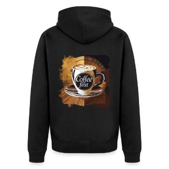 Coffee First Morning Cafe Liebhaber - Unisex Premium Bio Zip Hoodie - Schwarz - Hinten - Nico (187cm)