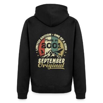 2001 – Legenden werden im September 2001 geboren - Unisex Premium Bio Zip Hoodie - Schwarz - Hinten - Nico (187cm)