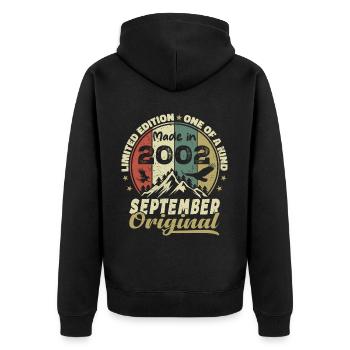 2002 – Legenden werden im September 2002 geboren - Unisex Premium Bio Zip Hoodie - Schwarz - Hinten - Nico (187cm)