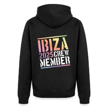 Ibiza 2025 Crew Bunt - Unisex Premium Bio Zip Hoodie - Schwarz - Hinten - Nico (187cm)