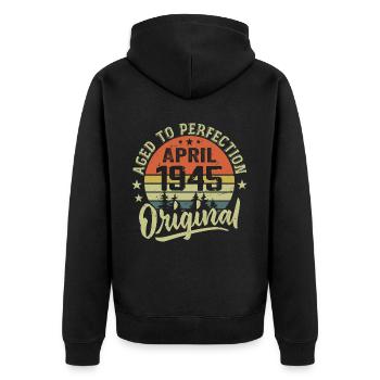 April 1945 Geburtstag - April 1945 Geschenkidee - Unisex Premium Bio Zip Hoodie - Schwarz - Hinten - Nico (187cm)