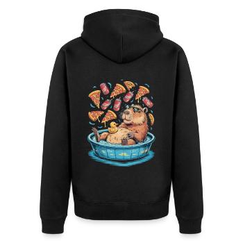 Capybara chill zone - pizza, soda, relaxation - Unisex Premium Organic Zip Hoodie - black - Back - Nico (187cm)