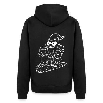 Cooler Zwerg auf fliegendem Joint mit Katze - Unisex Premium Bio Zip Hoodie - Schwarz - Hinten - Nico (187cm)