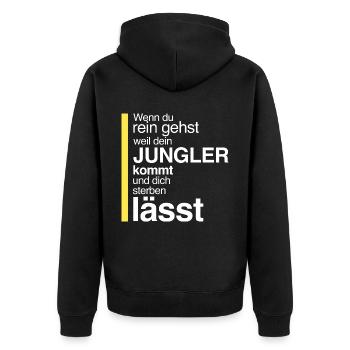 wenn du rein gehst und niemand hilft - Unisex Premium Bio Zip Hoodie - Schwarz - Hinten - Nico (187cm)