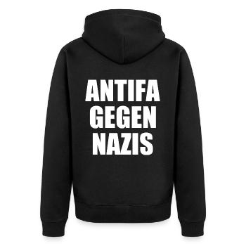 Antifa gegen nazis - Unisex Premium Bio Zip Hoodie - Schwarz - Hinten - Nico (187cm)