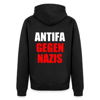 Antifa gegen nazis - Unisex Premium Bio Zip Hoodie - Schwarz - Hinten - Nico (187cm)