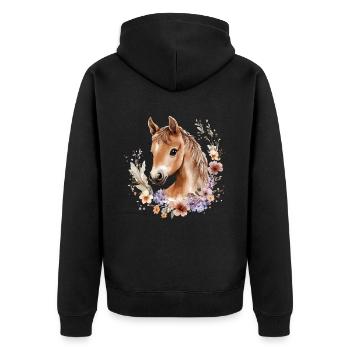 Pferd Blumen Pferdemädchen Pony Süß Niedlich - Unisex Premium Bio Zip Hoodie - Schwarz - Hinten - Nico (187cm)