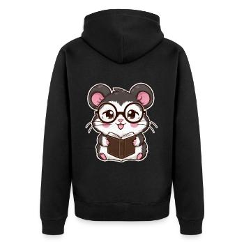 Schnuffiger Kawaii Hamster mit Buch & Lesebrille - Unisex Premium Bio Zip Hoodie - Schwarz - Hinten - Nico (187cm)