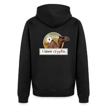 I LOVE CRYPTO Ethereum desert pyramid funny cool - Unisex Premium Bio Zip Hoodie - Schwarz - Hinten - Nico (187cm)