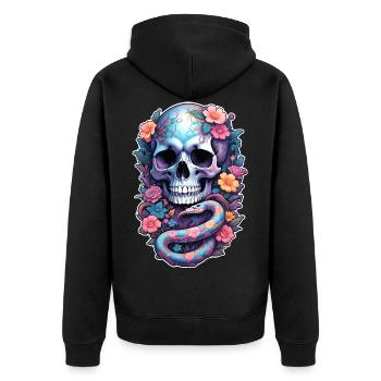 Totenschädel bunte Schlange, Blumen, Farbe - Unisex Premium Bio Zip Hoodie - Schwarz - Hinten - Nico (187cm)