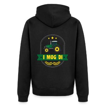 I mog di Traktor Trecker Bauer Landwirtschaft - Unisex Premium Bio Zip Hoodie - Schwarz - Hinten - Nico (187cm)