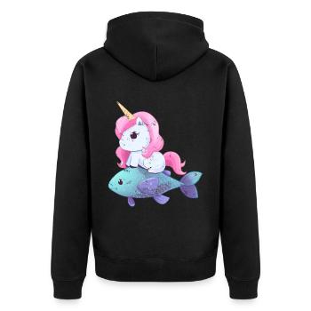 Einhorn reitet auf Fisch - Unisex Premium Bio Zip Hoodie - Schwarz - Hinten - Nico (187cm)