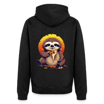 Pizza Faultier im Sonnenuntergang - Unisex Premium Bio Zip Hoodie - Schwarz - Hinten - Nico (187cm)