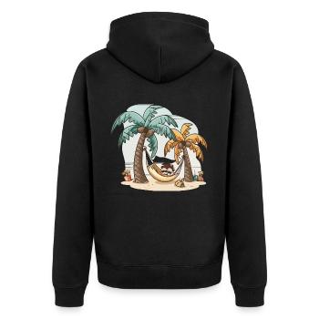 Der Entspannungs-Guru - Unisex Premium Bio Zip Hoodie - Schwarz - Hinten - Nico (187cm)