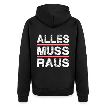ALLES MUSS RAUS für Männer und Fauen - Unisex Premium Bio Zip Hoodie - Schwarz - Hinten - Nico (187cm)