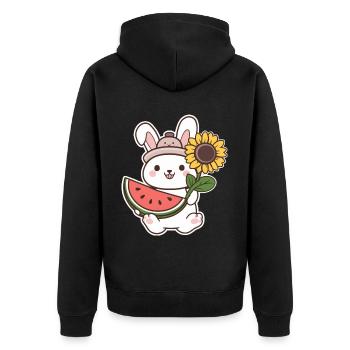 Kawaii Hase mit Sonnenblume und Wassermelone - Unisex Premium Bio Zip Hoodie - Schwarz - Hinten - Nico (187cm)