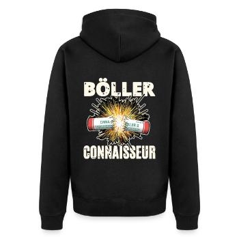Böller Connaisseur - Unisex Premium Bio Zip Hoodie - Schwarz - Hinten - Nico (187cm)