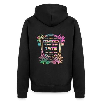 1975 Geburtstag Jahrgang Vintage Regenbogenfarben - Unisex Premium Bio Zip Hoodie - Schwarz - Hinten - Nico (187cm)