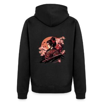 Wunderschöne Kriegerin mit Kirschblüten Sakura - Unisex Premium Bio Zip Hoodie - Schwarz - Hinten - Nico (187cm)