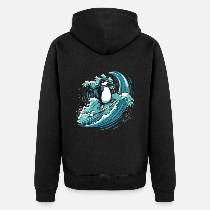 Pinguin surft auf Welle - Unisex Premium Bio Zip Hoodie - Schwarz