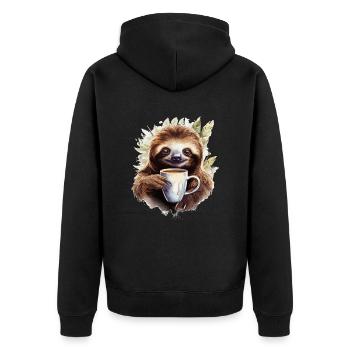 Cooles Faultier mit Kaffeetasse - Unisex Premium Bio Zip Hoodie - Schwarz - Hinten - Nico (187cm)