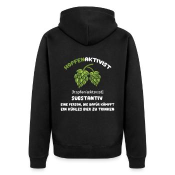 Hopfenaktivist Eine Person die für ihr kühles Bier - Unisex Premium Bio Zip Hoodie - Schwarz - Hinten - Nico (187cm)