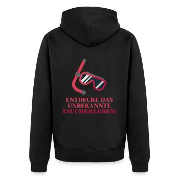Entdecke das unbekannte Taucherleben Apnoetauchen - Unisex Premium Bio Zip Hoodie - Schwarz - Hinten - Nico (187cm)