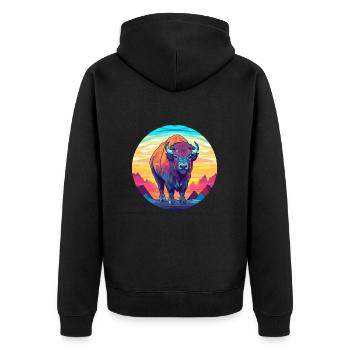 Bison-Buntglas-Cartoon-Kawaii-Tier - Unisex Premium Bio Zip Hoodie - Schwarz - Hinten - Nico (187cm)